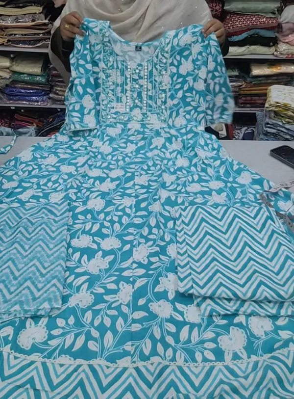 Cotton Anarkali Top Bottom Dupatta Set | TS3046